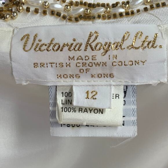 VICTORIA ROYAL Size 12 Cream Polyester Beaded Shawl Collar Jacket Blazer - Picture 9 of 11